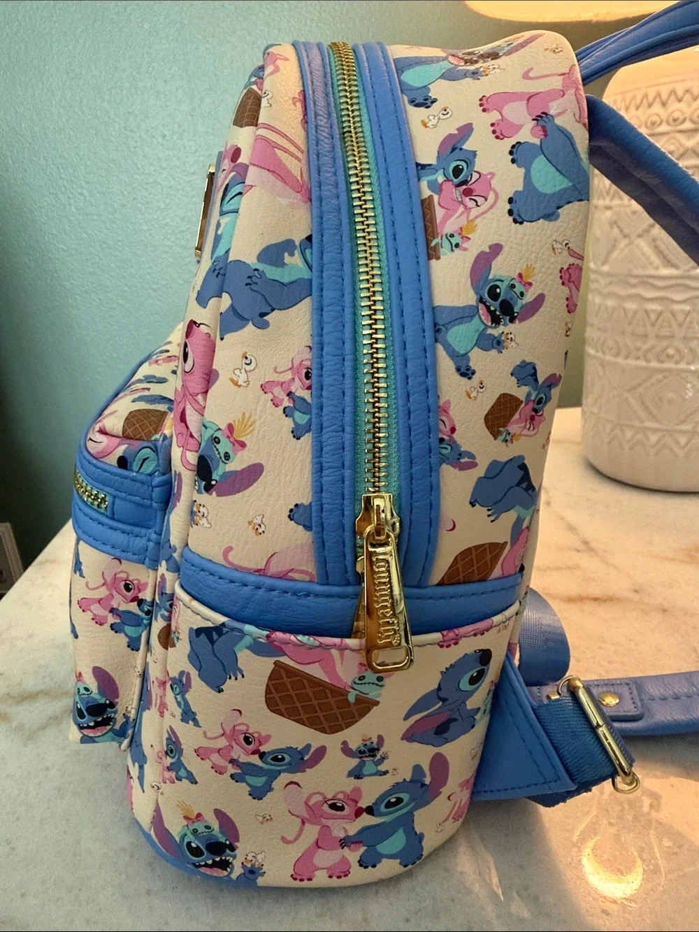 Disney Loungefly Stitch & Angel Mini Backpack - Pink, Blue, Cream